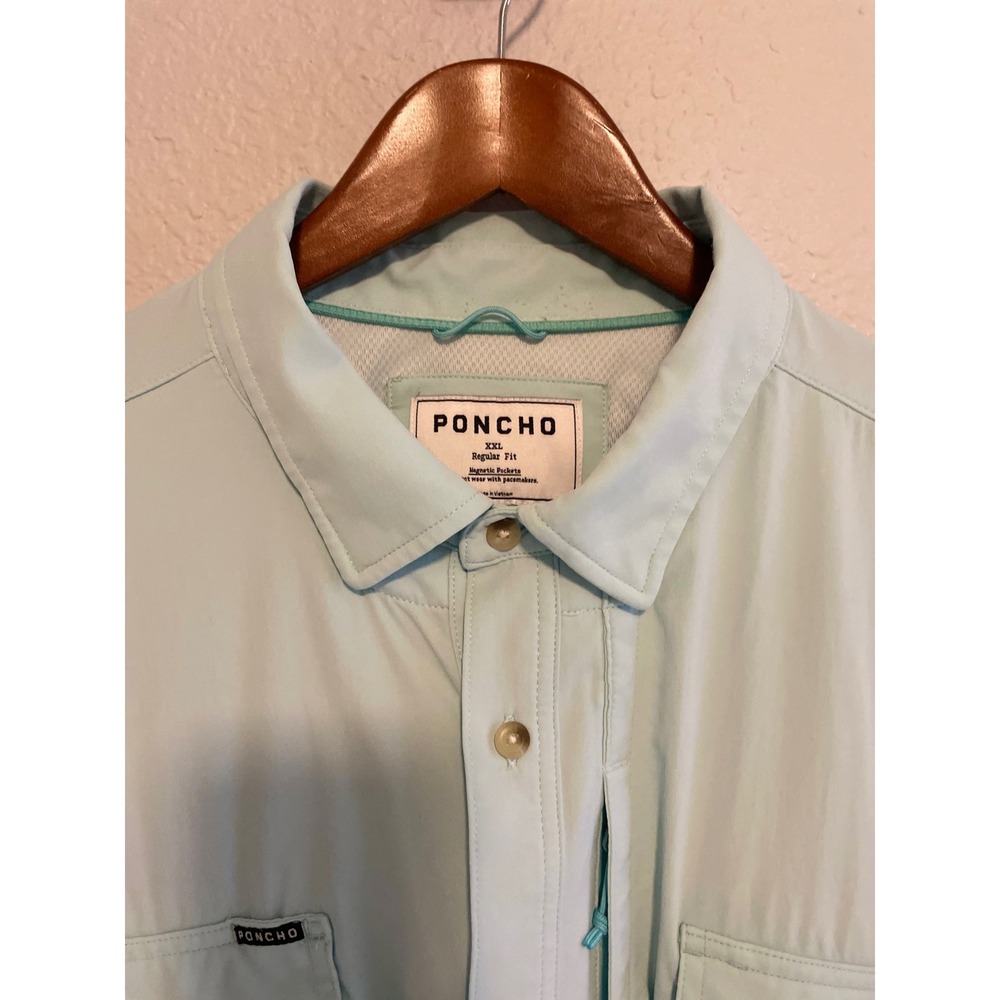 Poncho Outdoors Mens XXL Regular Fit Fishing Shirt Magnetic Pockets Mint Blue